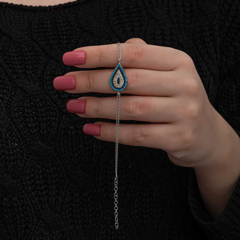 Silver-Tone Evil Eye Bracelet - Dainty Multi-Stone Teardrop Design