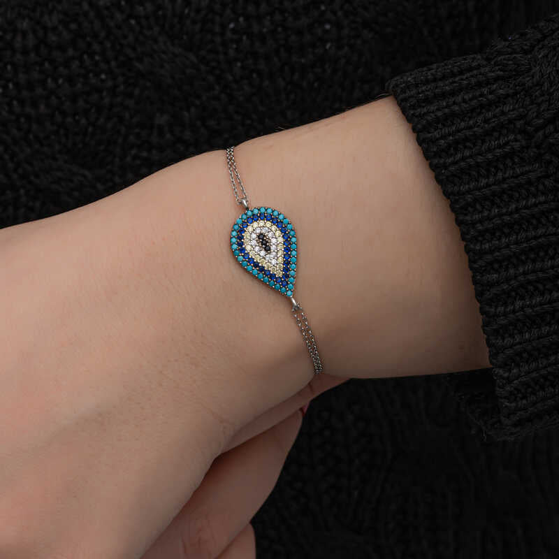 Silver-Tone Evil Eye Bracelet - Dainty Multi-Stone Teardrop Design