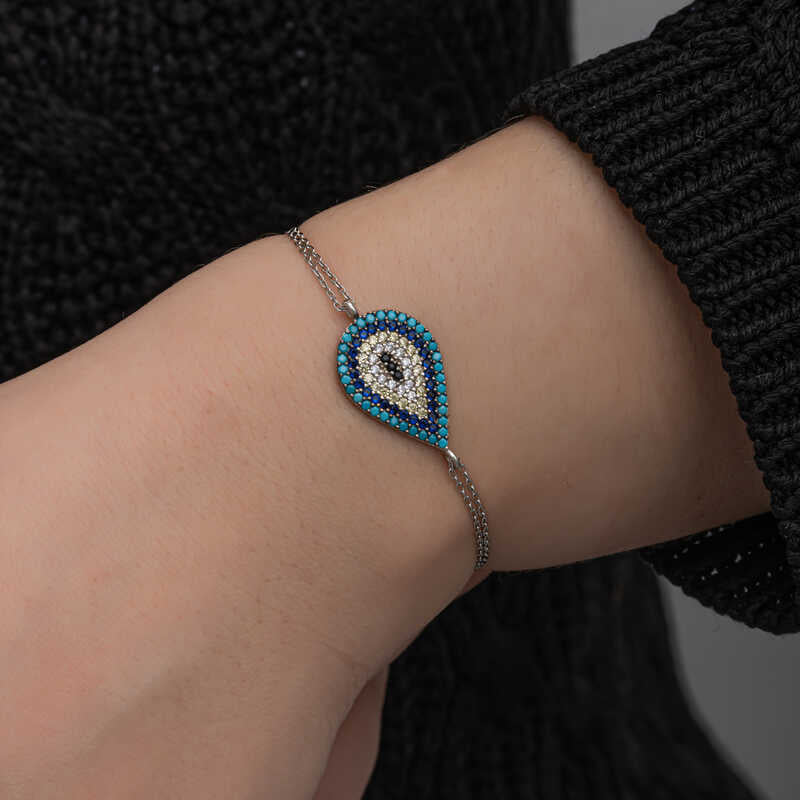 Silver-Tone Evil Eye Bracelet - Dainty Multi-Stone Teardrop Design