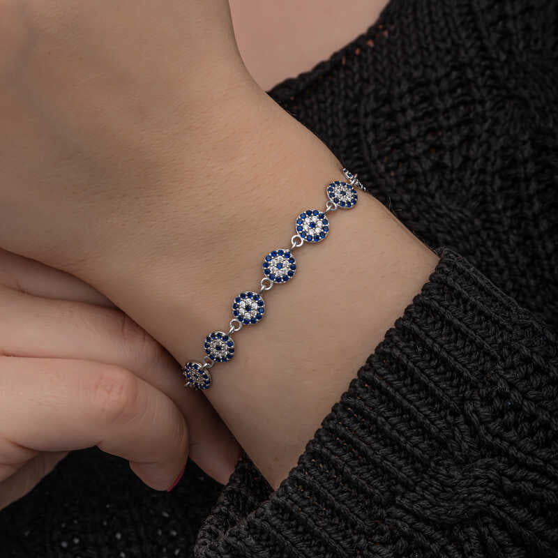 Bracelet - Sterling Silver Dainty Evil Eye Link Bracelet with Blue Zirconia