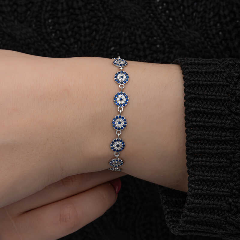 Bracelet - Sterling Silver Dainty Evil Eye Link Bracelet with Blue Zirconia