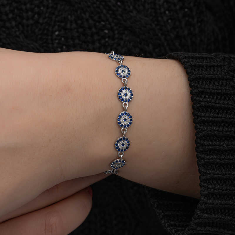 Bracelet - Sterling Silver Dainty Evil Eye Link Bracelet with Blue Zirconia