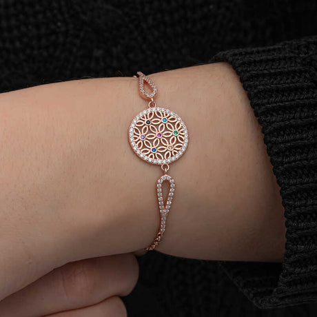 Rose Gold Tone Bracelet - Multi-color CZ Flower of Life Design