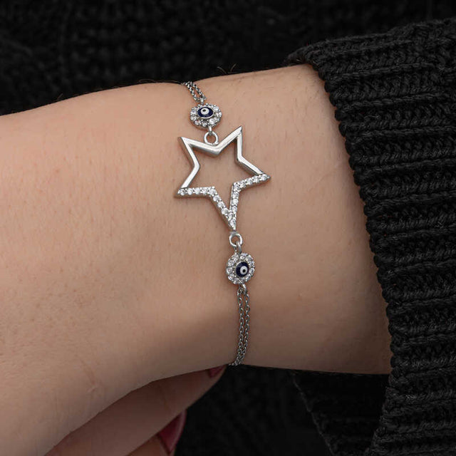 Sterling Silver Sparkling Star & Evil Eye Charm Bracelet