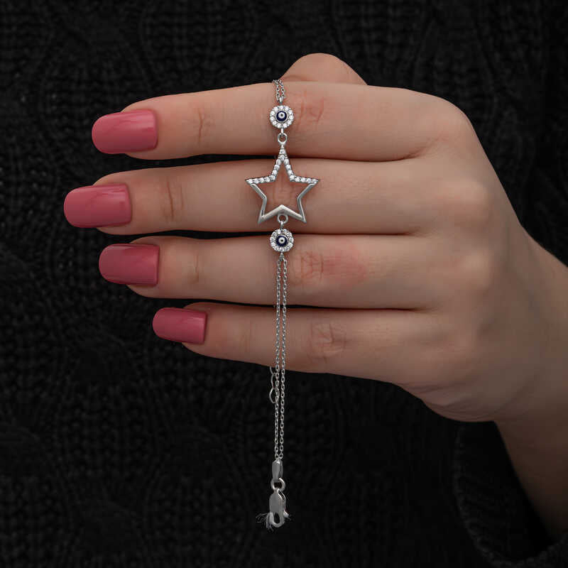 Sterling Silver Sparkling Star & Evil Eye Charm Bracelet