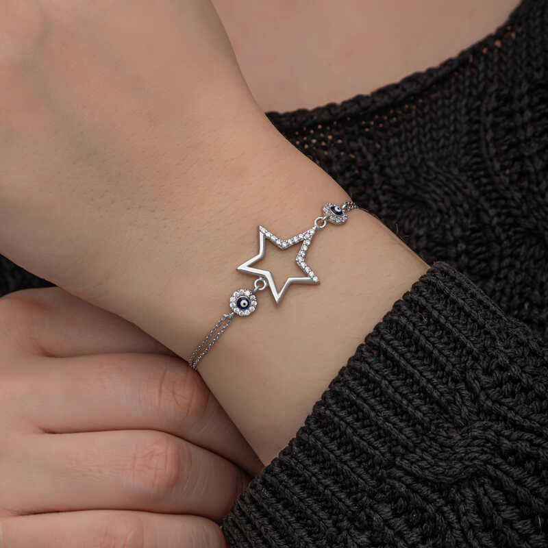 Sterling Silver Sparkling Star & Evil Eye Charm Bracelet