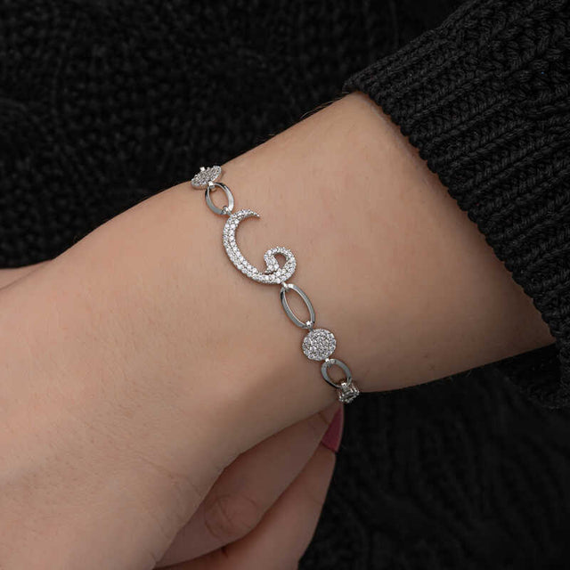 Sterling Silver Zircon Vav Design Bracelet - Elegant Sparkle