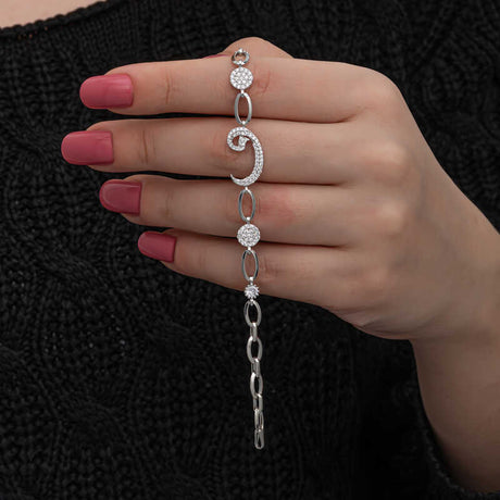 Sterling Silver Zircon Vav Design Bracelet - Elegant Sparkle