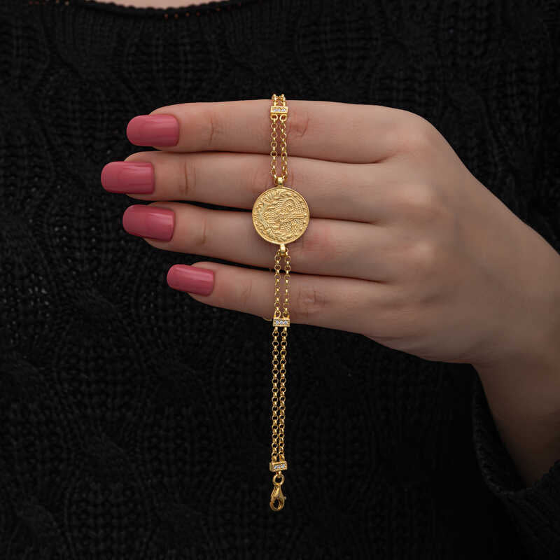 Gold Plated Silver Tugra Coin Bracelet - Heritage Elegance