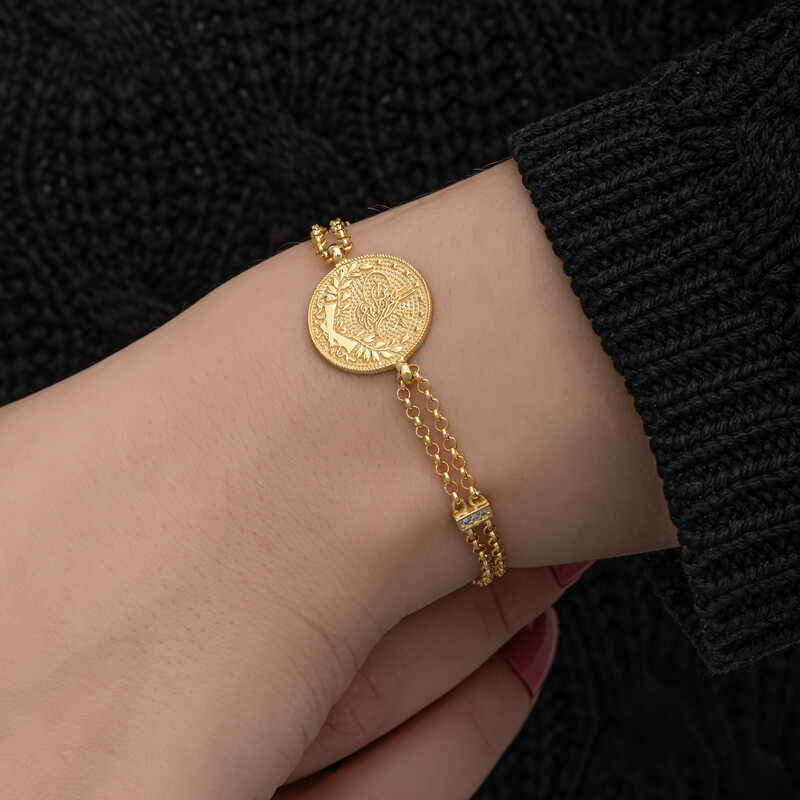 Gold Plated Silver Tugra Coin Bracelet - Heritage Elegance
