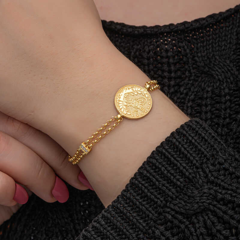 Gold Plated Silver Tugra Coin Bracelet - Heritage Elegance