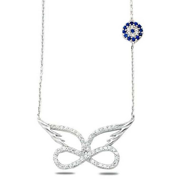 Sterling Silver Angel Wing Infinity Necklace with Evil Eye