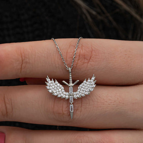 Sterling Silver Archangel Sword Necklace with Zirconia Stones