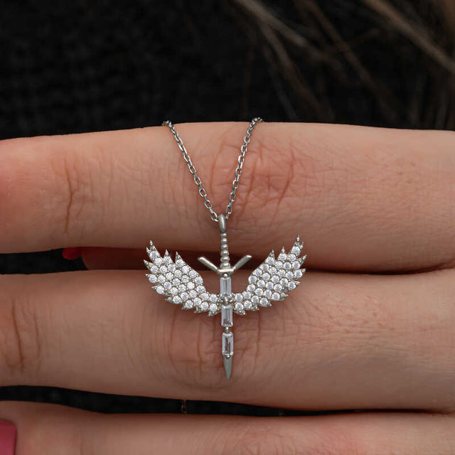 Sterling Silver Archangel Sword Necklace with Zirconia Stones