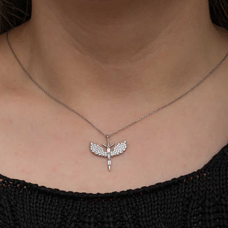 Sterling Silver Archangel Sword Necklace with Zirconia Stones