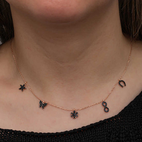 Necklace - Rose Gold-Tone Black Stone Lucky Charm Design