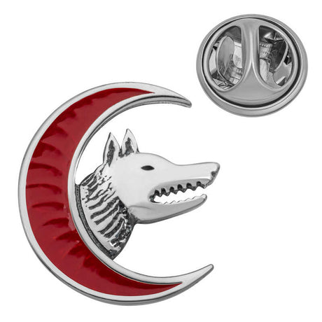 Lapel Pin - Silver-Tone Wolf Head & Red Crescent Moon Enamel Pin