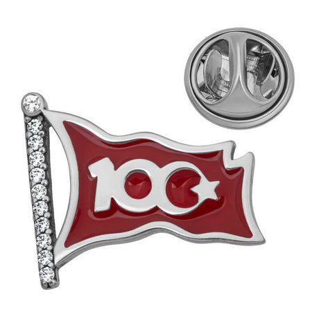 Commemorative Flag Lapel Pin - Silver-Tone Red Enamel with Sparkling Stones