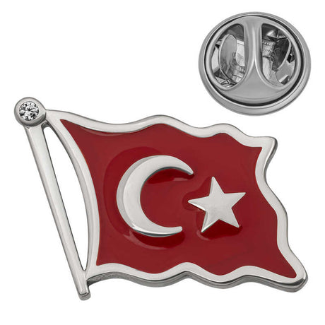 Turkish Flag Lapel Pin - Silver-Tone Enamel with Crystal Accent