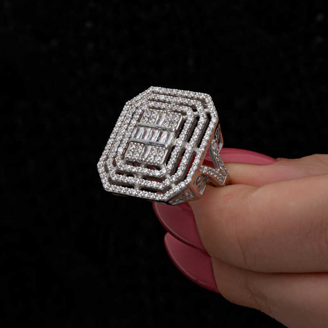 Sterling Silver - Baguette & Round Zirconia Geometric Statement Ring