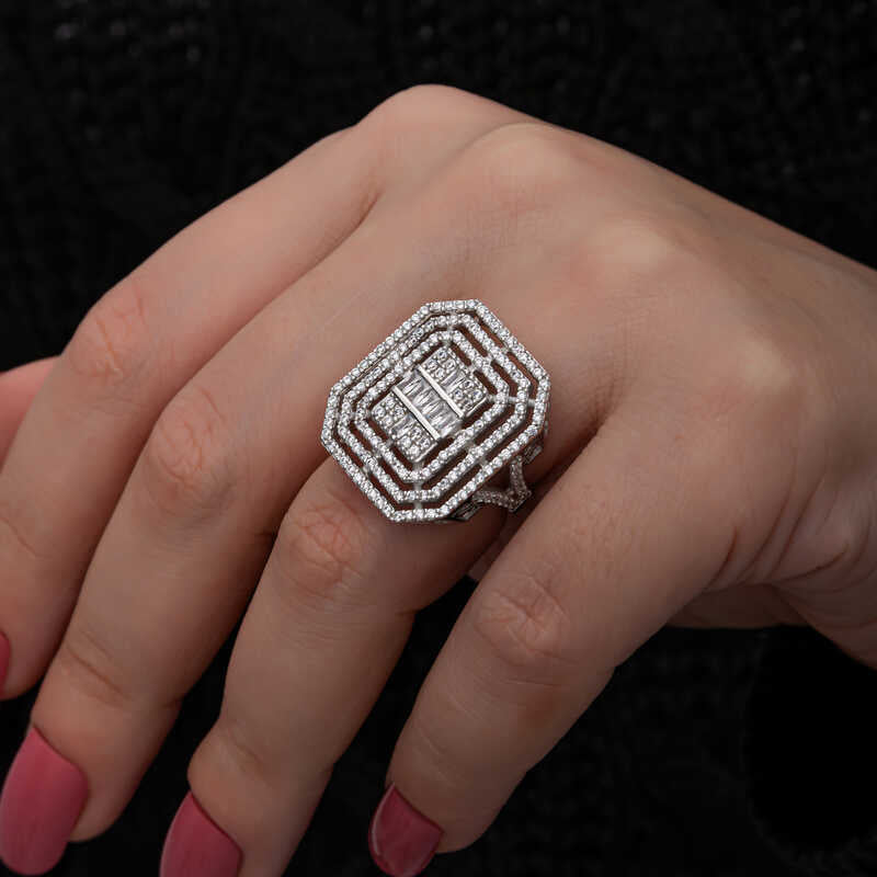Sterling Silver - Baguette & Round Zirconia Geometric Statement Ring