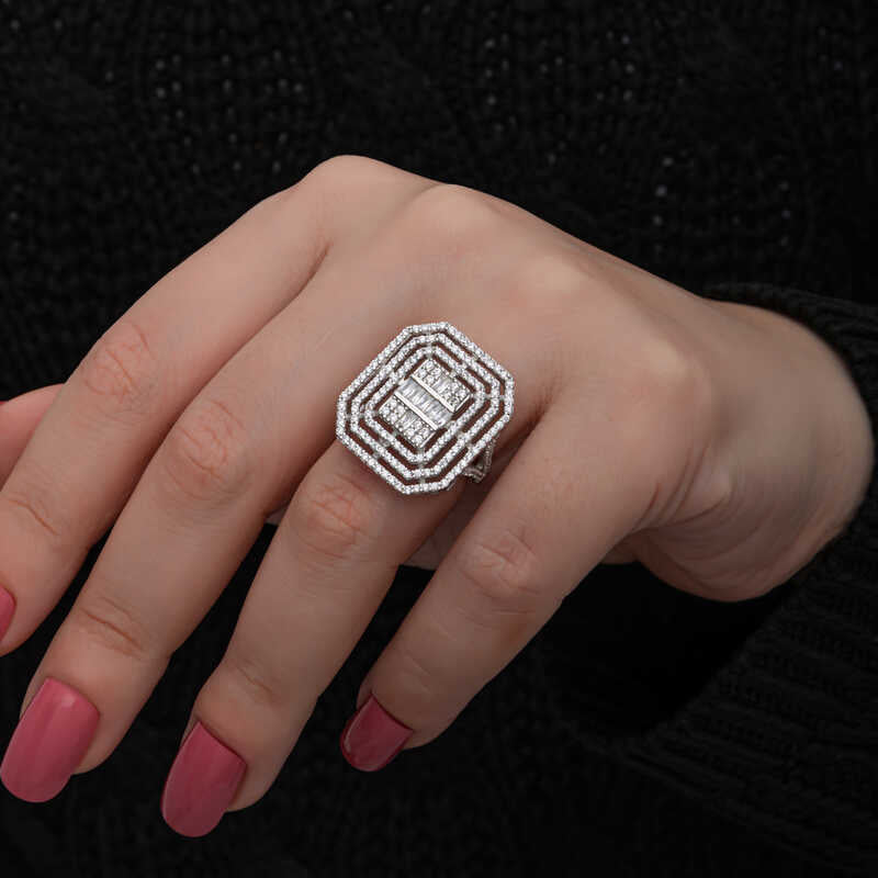 Sterling Silver - Baguette & Round Zirconia Geometric Statement Ring