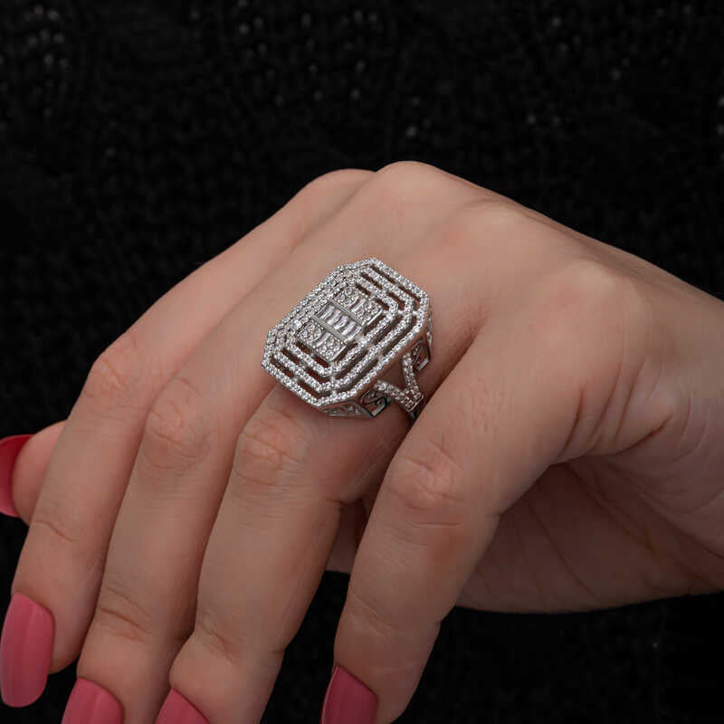Sterling Silver - Baguette & Round Zirconia Geometric Statement Ring