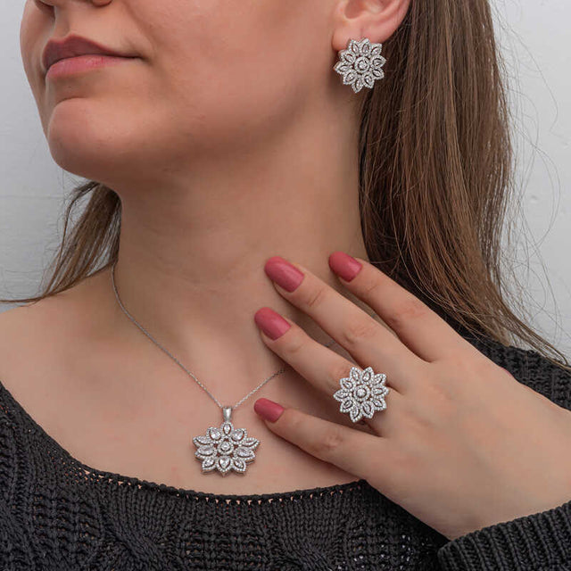 Sparkling Floral Jewelry Set - Sterling Silver Cubic Zirconia Design