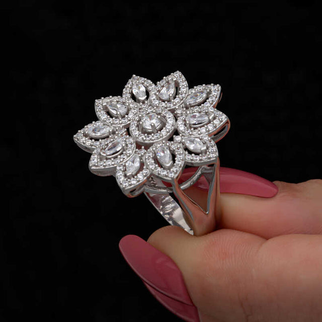Statement Ring - Sparkling Silver-Tone Zircon Floral Cluster Ring