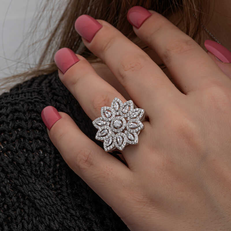 Statement Ring - Sparkling Silver-Tone Zircon Floral Cluster Ring