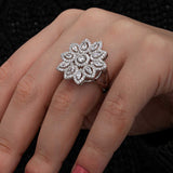 Statement Ring - Sparkling Silver-Tone Zircon Floral Cluster Ring