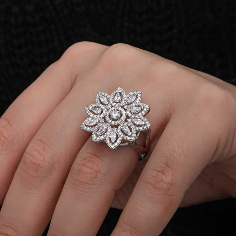 Statement Ring - Sparkling Silver-Tone Zircon Floral Cluster Ring