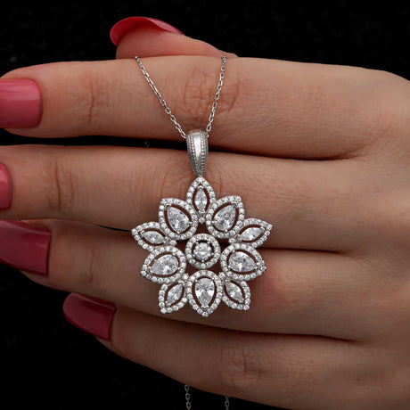 Sterling Silver Necklace - Dazzling Zirconia Floral Statement Pendant