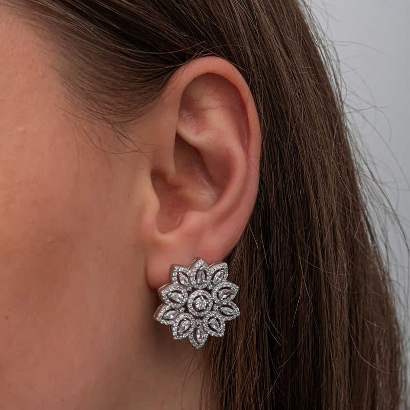 Sparkling Zirconia Flower Stud Earrings - Elegant Sterling Silver Design