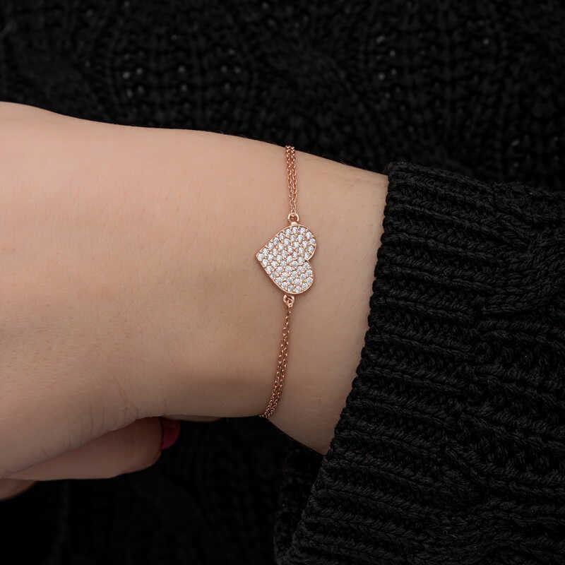 Náramek - růžově pozlacené stříbro 925 s pavé srdcem