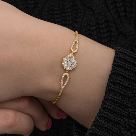 Gold Plated Silver Bracelet - Sparkling Baguette & Round CZ Cluster