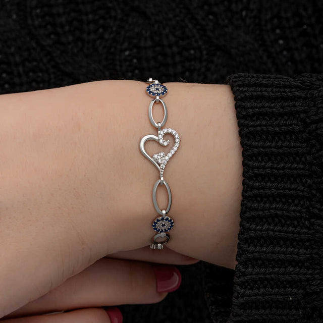 Sterling Silver Heart & Evil Eye Bracelet with Dazzling Zirconia