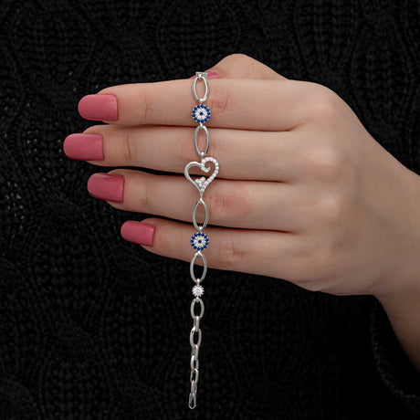 Sterling Silver Heart & Evil Eye Bracelet with Dazzling Zirconia