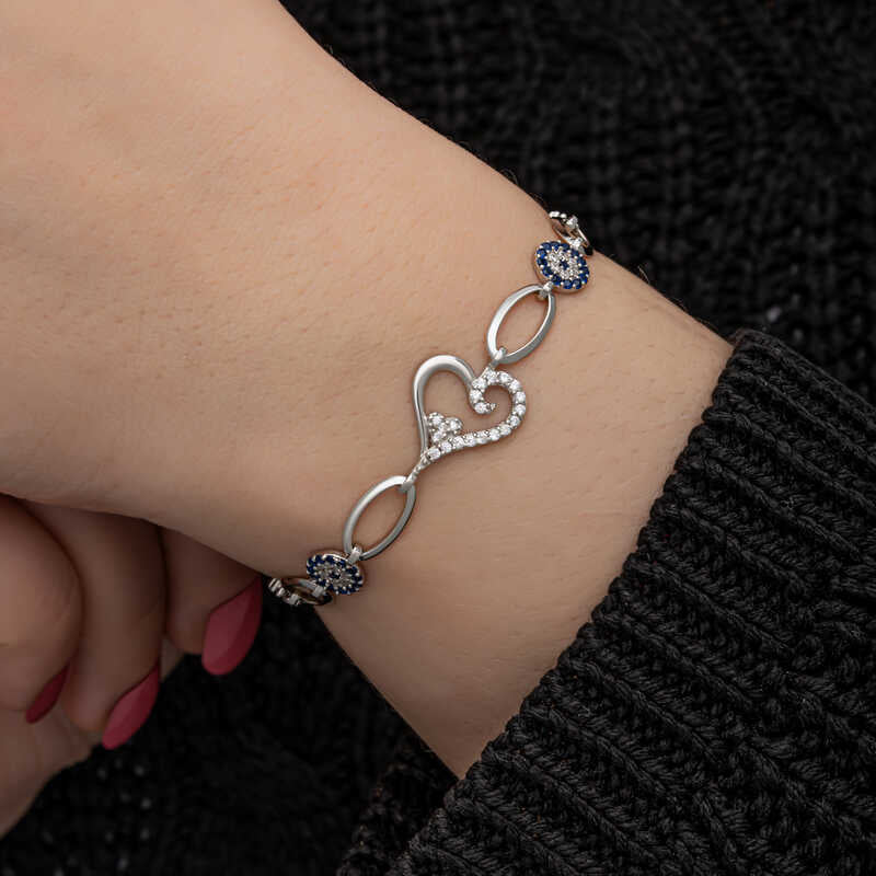 Sterling Silver Heart & Evil Eye Bracelet with Dazzling Zirconia