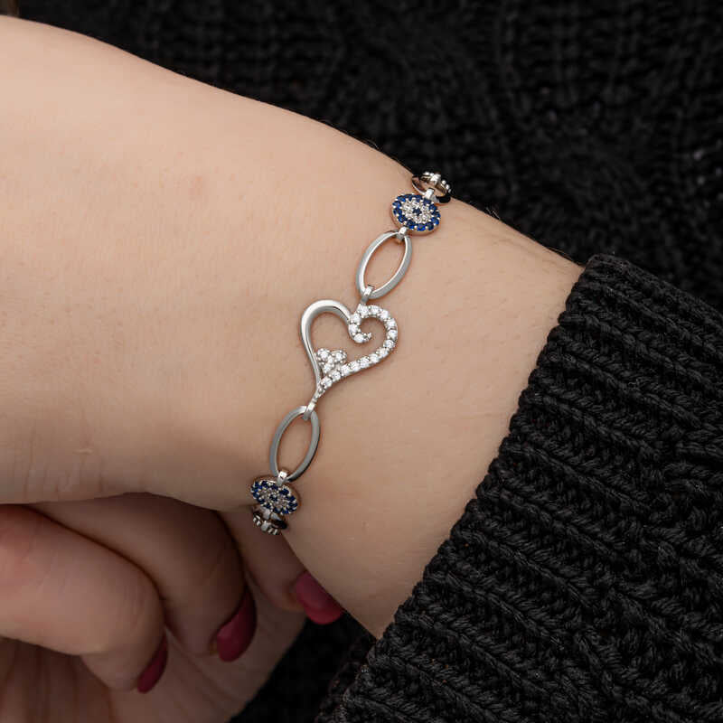 Sterling Silver Heart & Evil Eye Bracelet with Dazzling Zirconia