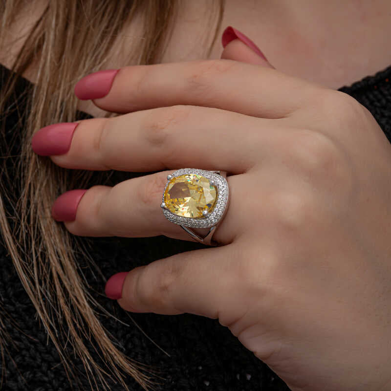 Statement Ring - Sterling Silver Citrine Oval Halo Ring