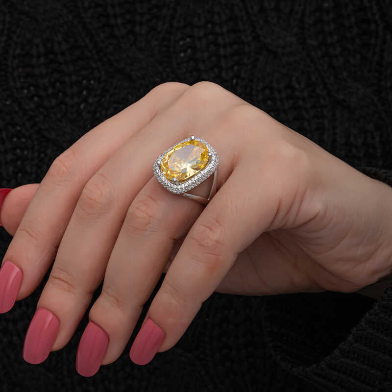 Statement Ring - Sterling Silver Citrine Oval Halo Ring