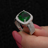 Sterling Silver Ring - Emerald Green Cushion Cut Halo Statement