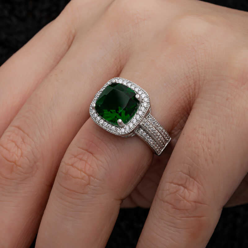 Sterling Silver Ring - Emerald Green Cushion Cut Halo Statement