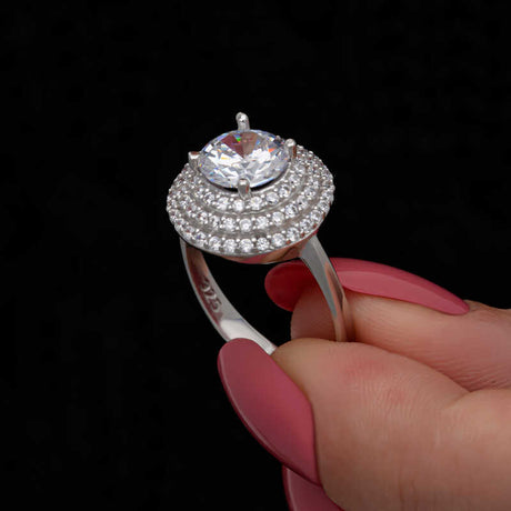 Sterling Silver Halo Ring - Sparkling Cubic Zirconia Statement