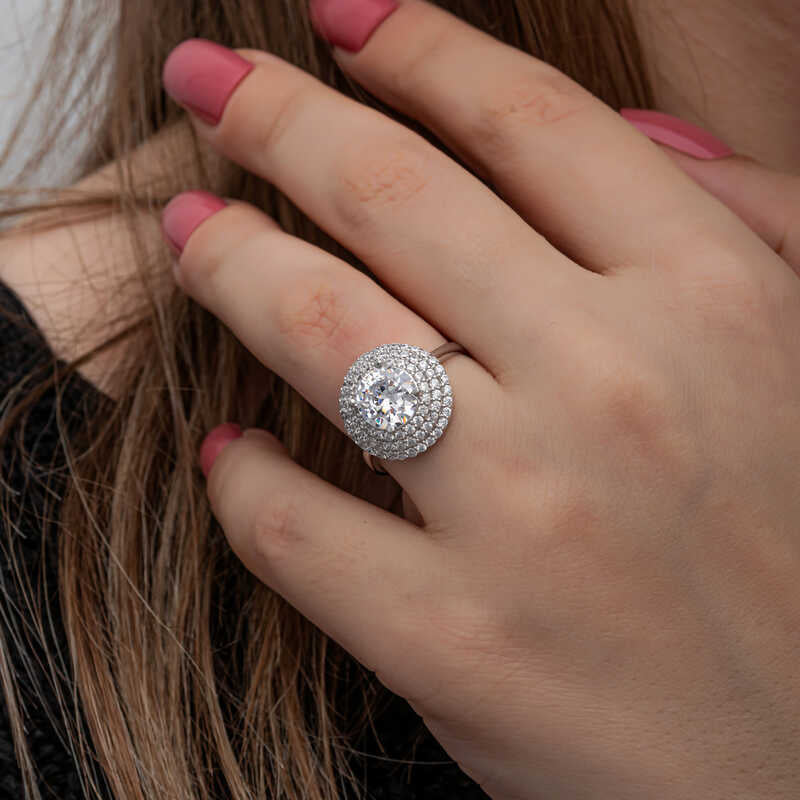 Sterlingsilber-Halo-Ring – Funkelnder Cubic-Zirkonia-Statement-Ring