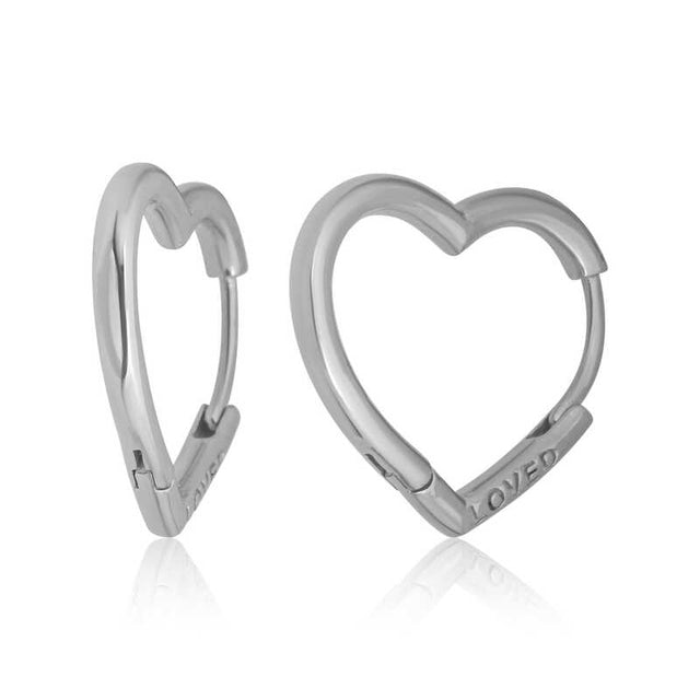 Silver-Tone Heart Hoop Earrings - Engraved 'Loved' Minimalist Style