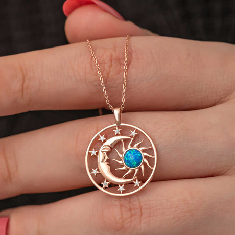 Rose Gold Plated Celestial Moon & Sun Necklace with Blue Opal