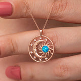 Rose Gold Plated Celestial Moon & Sun Necklace with Blue Opal