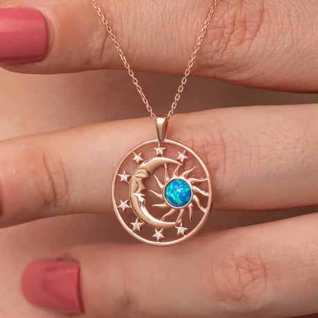Rose Gold Plated Celestial Moon & Sun Necklace with Blue Opal